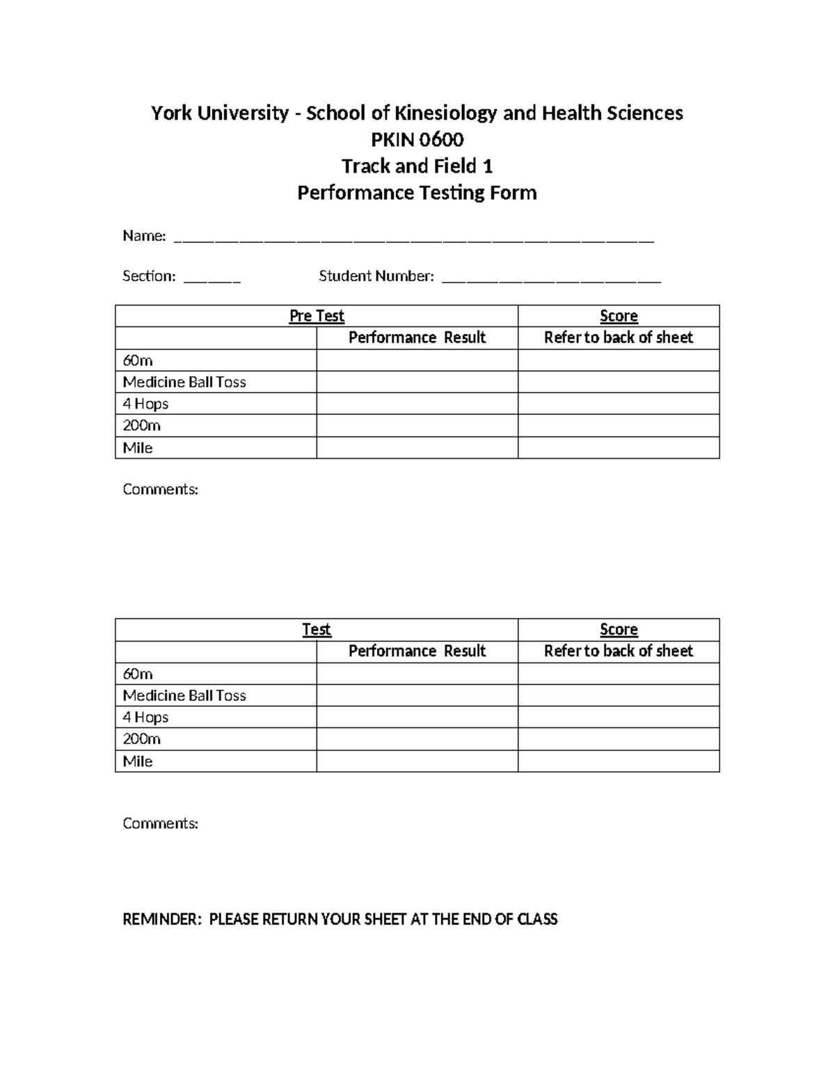 Performance Testing Form - York University - School of Kinesiology and ...