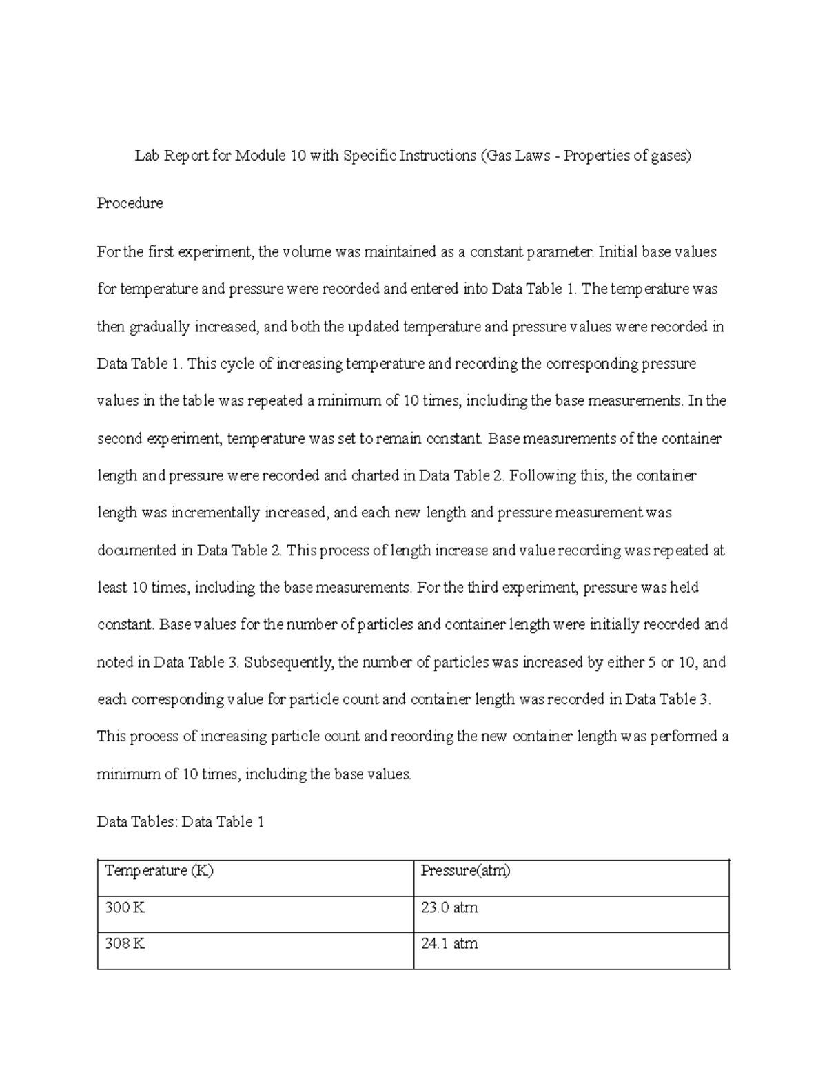 Lab Report M10: Gas Laws and Gases' Properties Analysis - Studocu