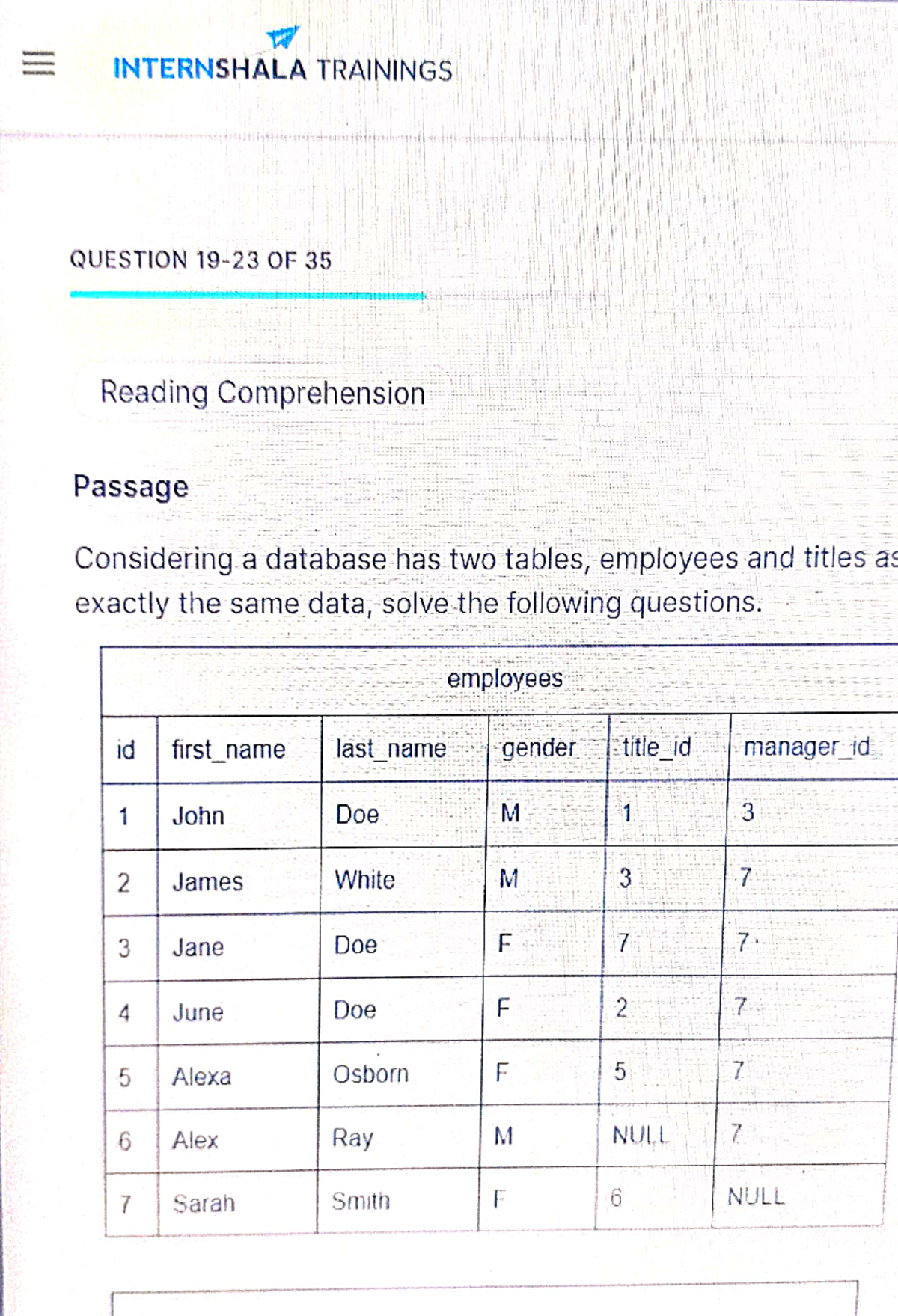 INTERNSHALA TRAININGS: Reading Comprehension Passage & SQL Queries ...