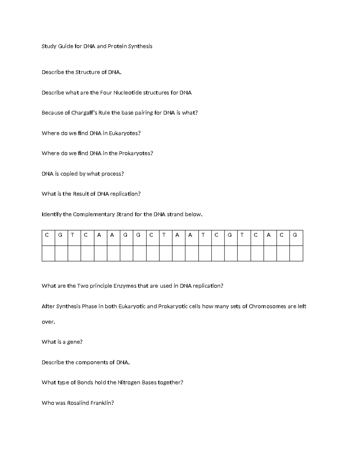 DNA & Protein Synthesis Study Guide (BIO101) - Studocu