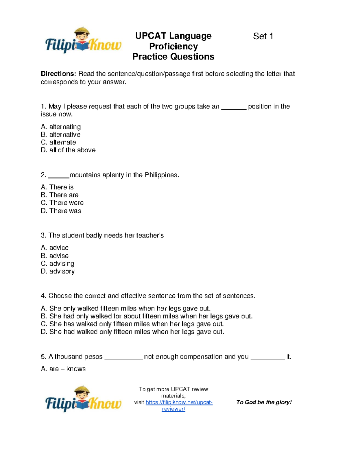 Set 1 Upcat-Language-Proficiency-Practice-Questions - Proficiency ...