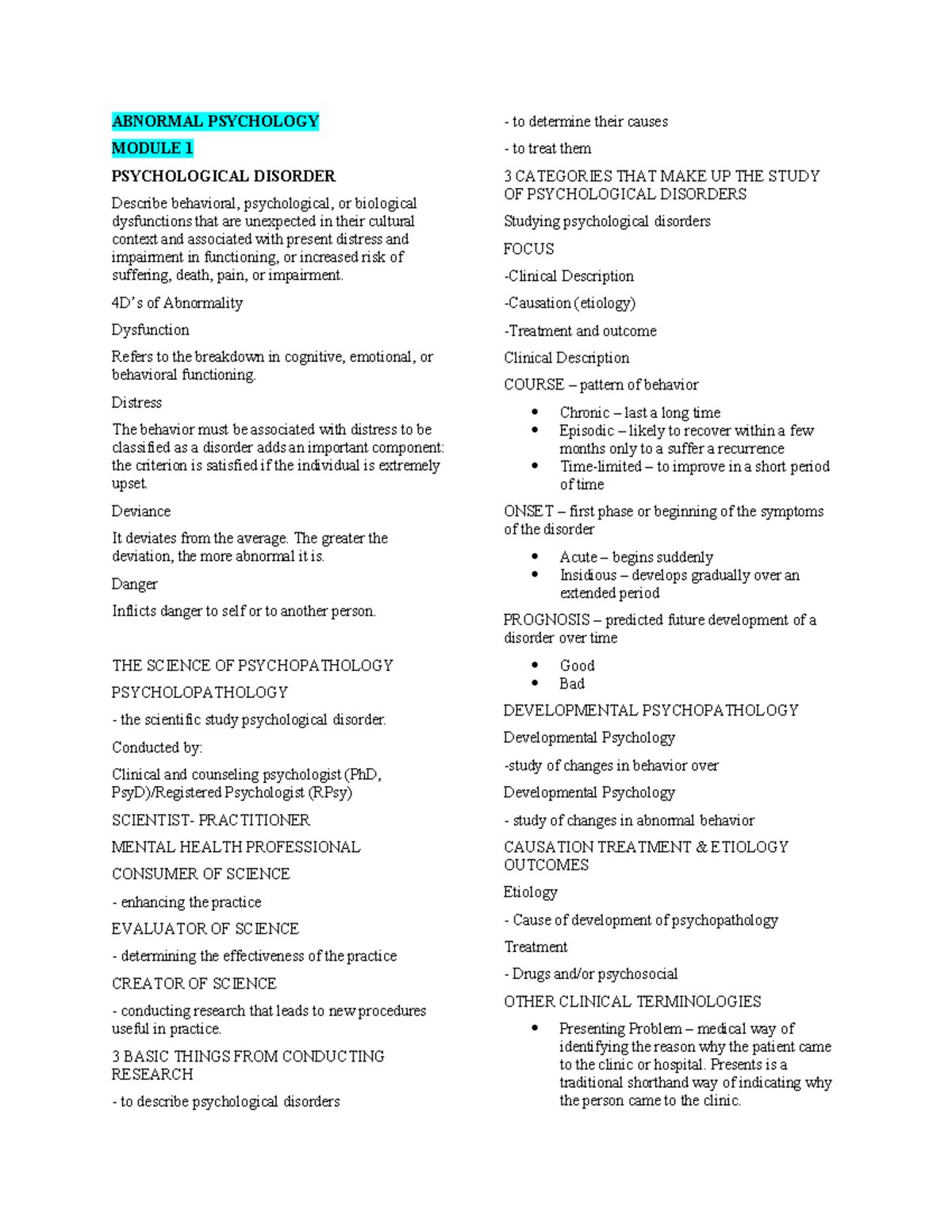 Abpsych Reviewer: Key Concepts in Abnormal Psychology Studies - Studocu