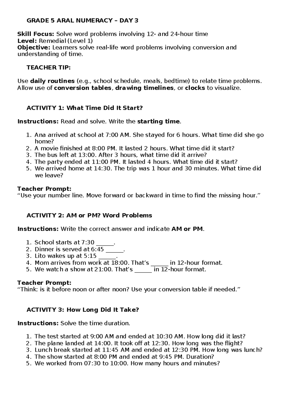 GRADE 5 ARAL NUMERACY DAY 3: Solving Time Word Problems - Studocu