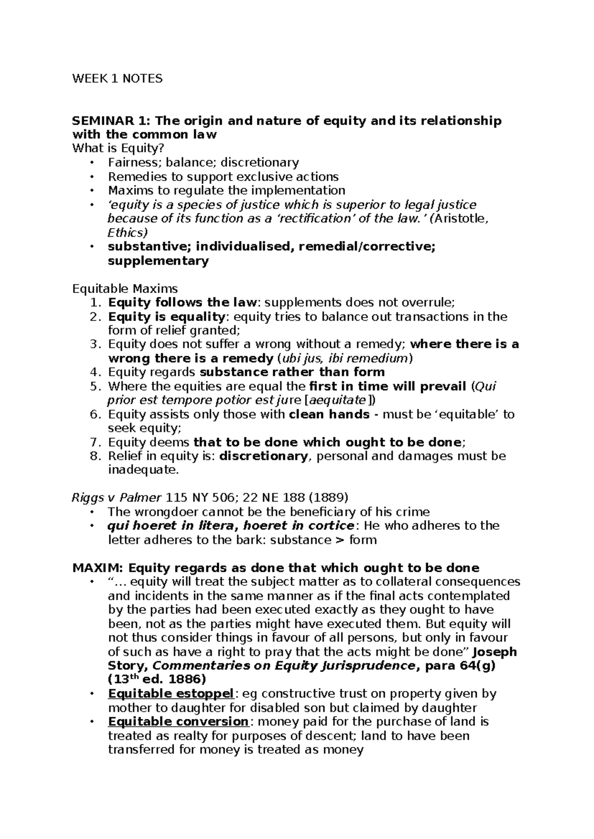 WEEK 1 SEMINAR NOTES: Understanding Equity and Common Law Principles ...