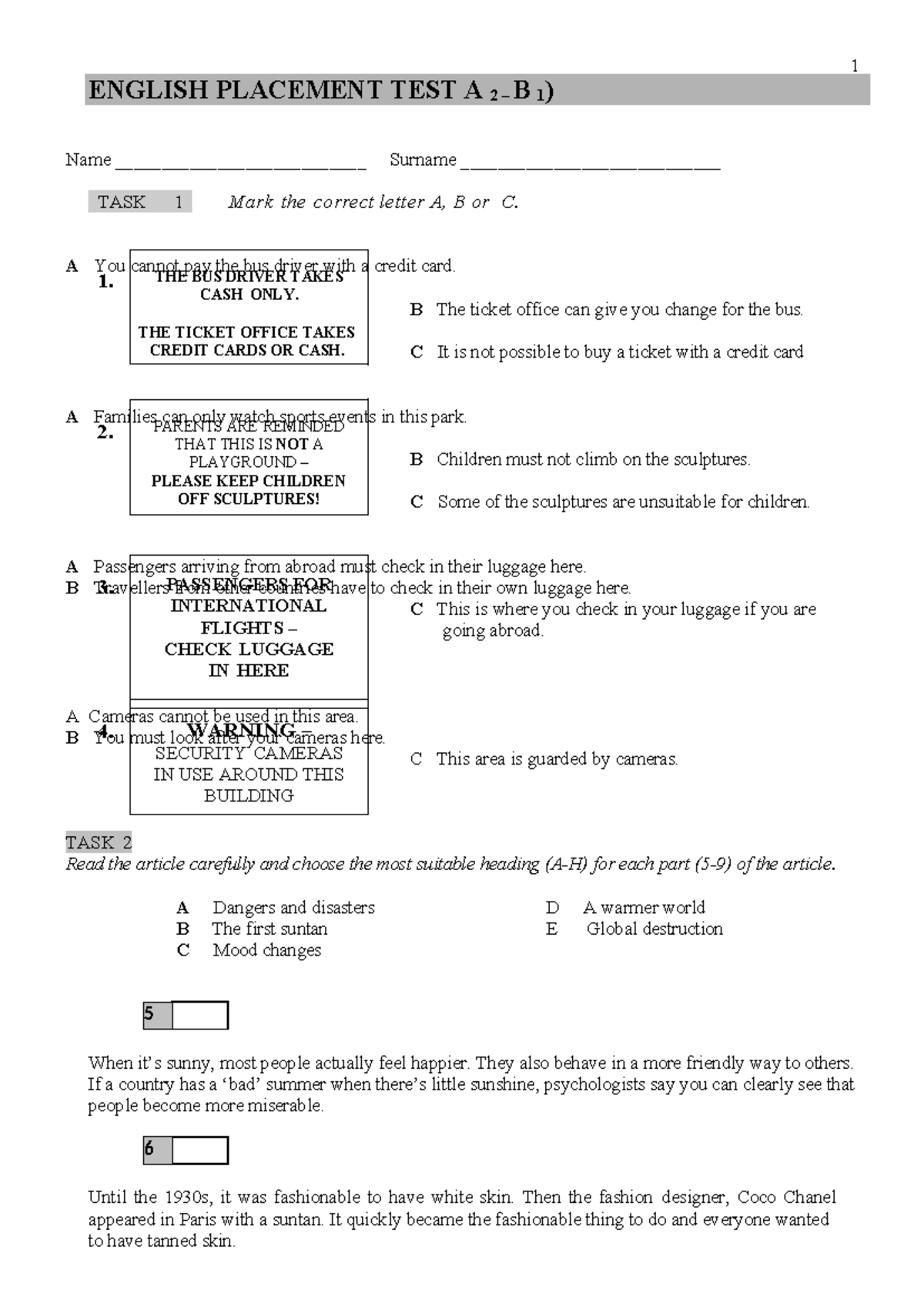 Placement Test A2-B1: English Language Assessment Guide - Studocu