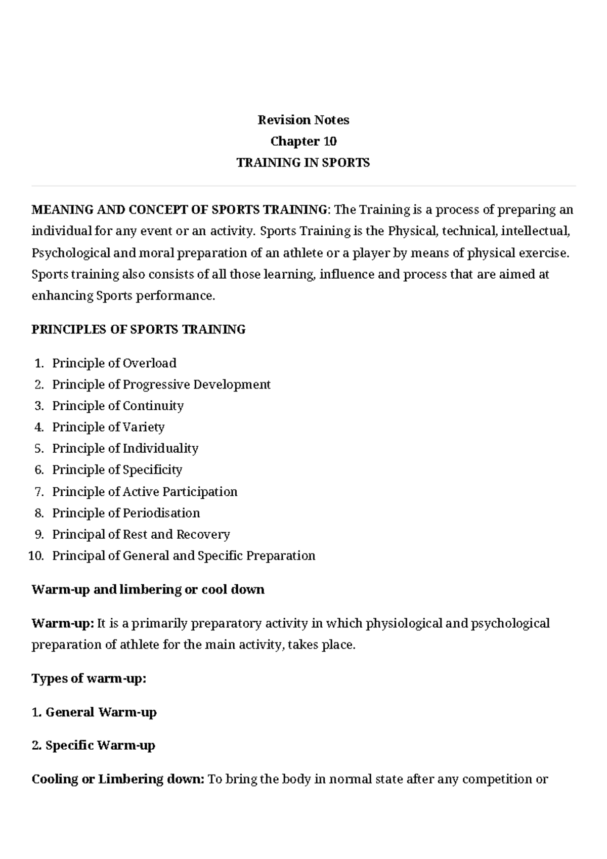 Revision Notes: Chapter 10 - Training in Sports Concepts and Principles ...