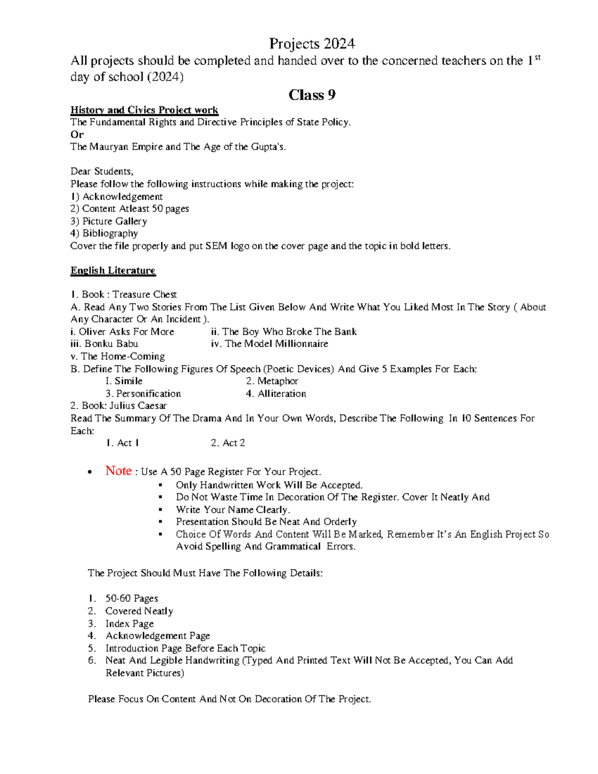 Class 9 & 10 - Project Guidelines for History, Geography, & English ...