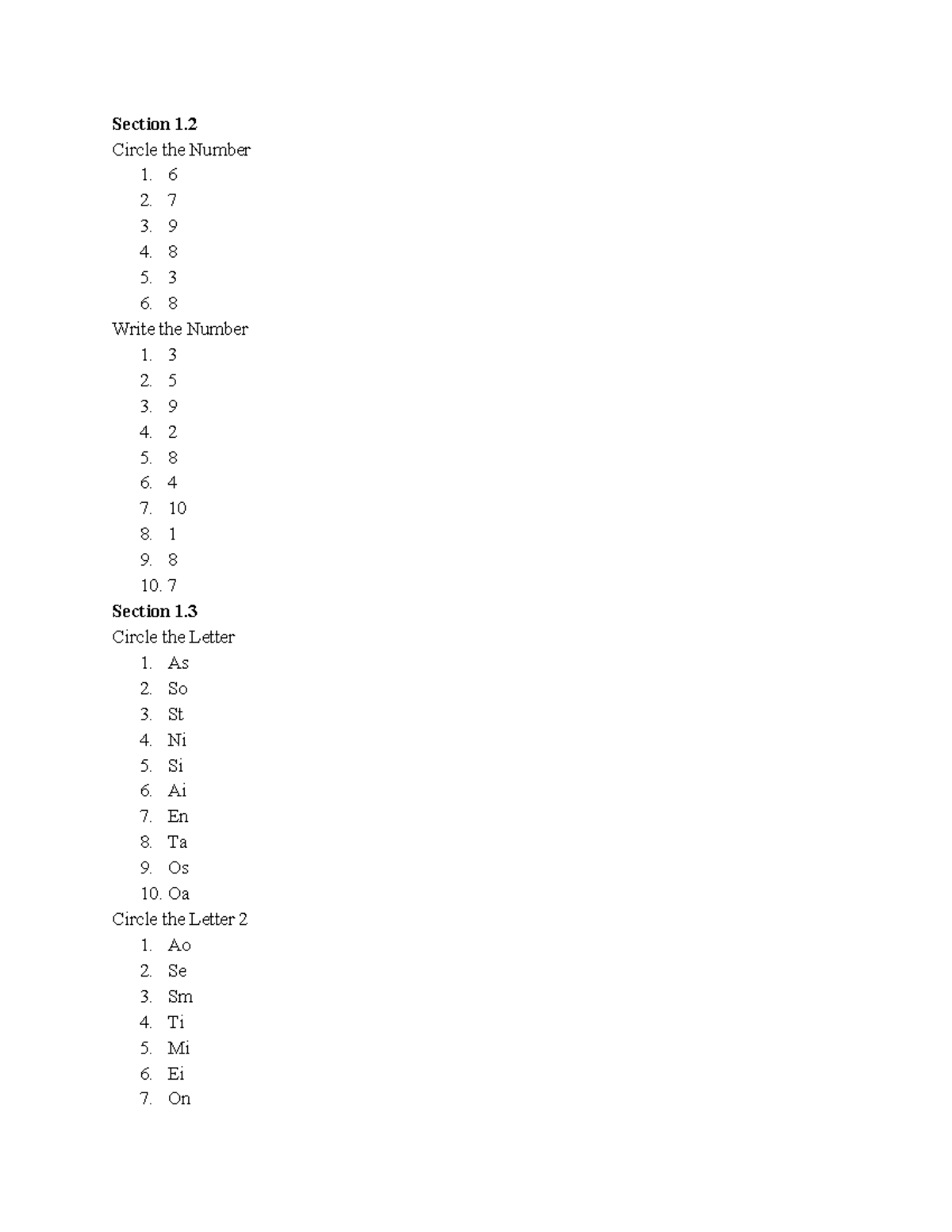 Signing Naturally Unit 1 answers key - Section 1. Circle the Number 1 ...