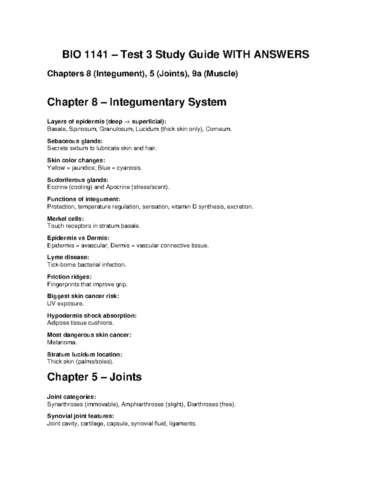 BIO 1141 Test 3 Study Guide: Integument & Joints with Answers - Studocu