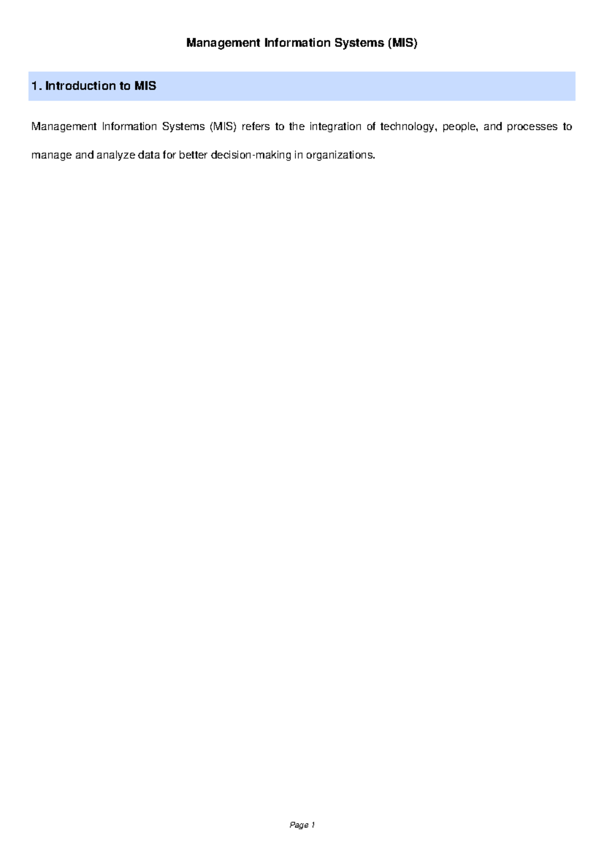 Management Information Systems (MIS) overview and key components - Studocu