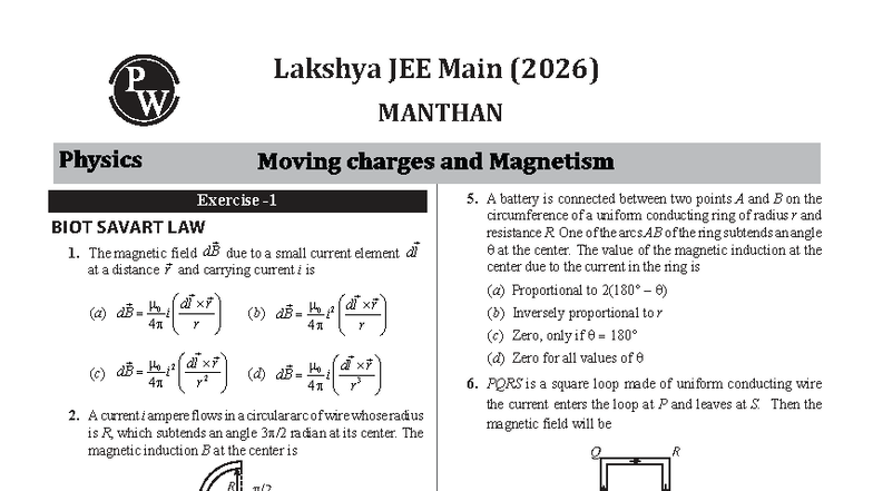 Moving Charges and Magnetism Practice Sheet for JEE Main & Advanced ...