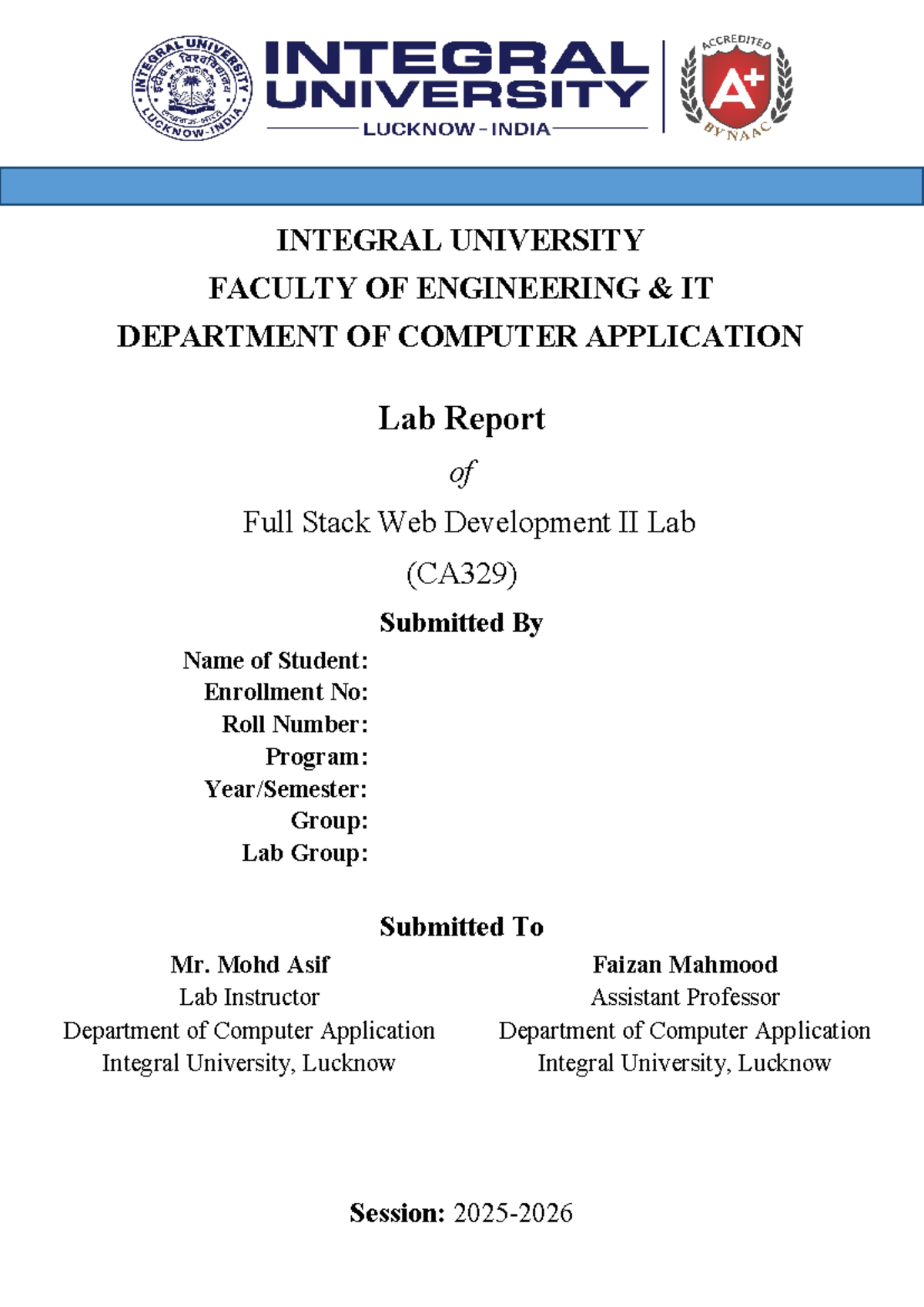 Lab Front Page Format - I want this course - INTEGRAL UNIVERSITY ...