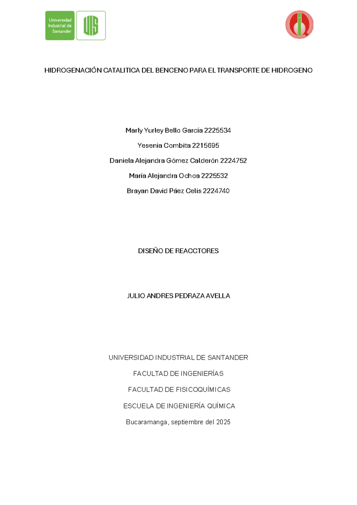 HIDROGENACIÓN CATALÍTICA DEL BENCENO PARA TRANSPORTE DE HIDRÓGENO - DISEÑO DE - Document Preview