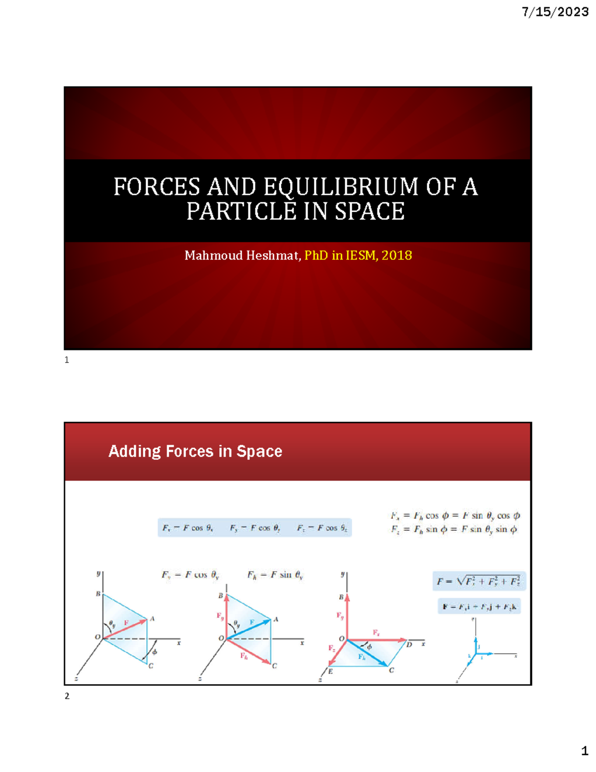 IESM 2018: Lecture 3 - Vector Forces and Equilibrium in Space - Studocu