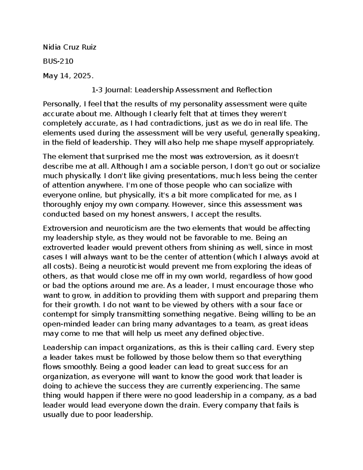 BUS-210 Leadership Assessment & Reflection: Personal Insights - Studocu