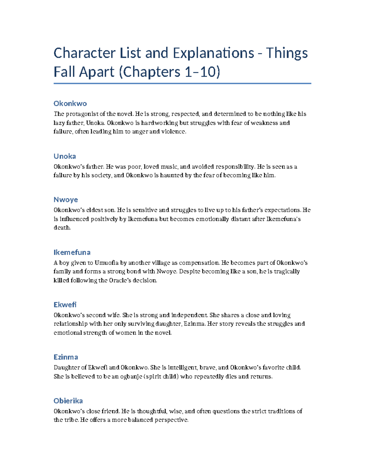 Things Fall Apart Character Descriptions (Chapters 1-10) - Studocu
