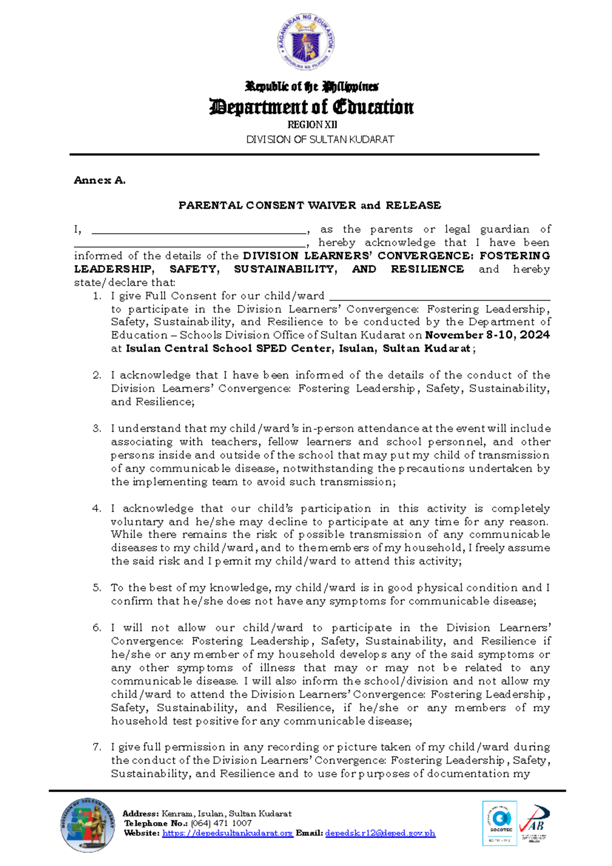 Parental consent and waiver - Republic of the Philippines Department of ...