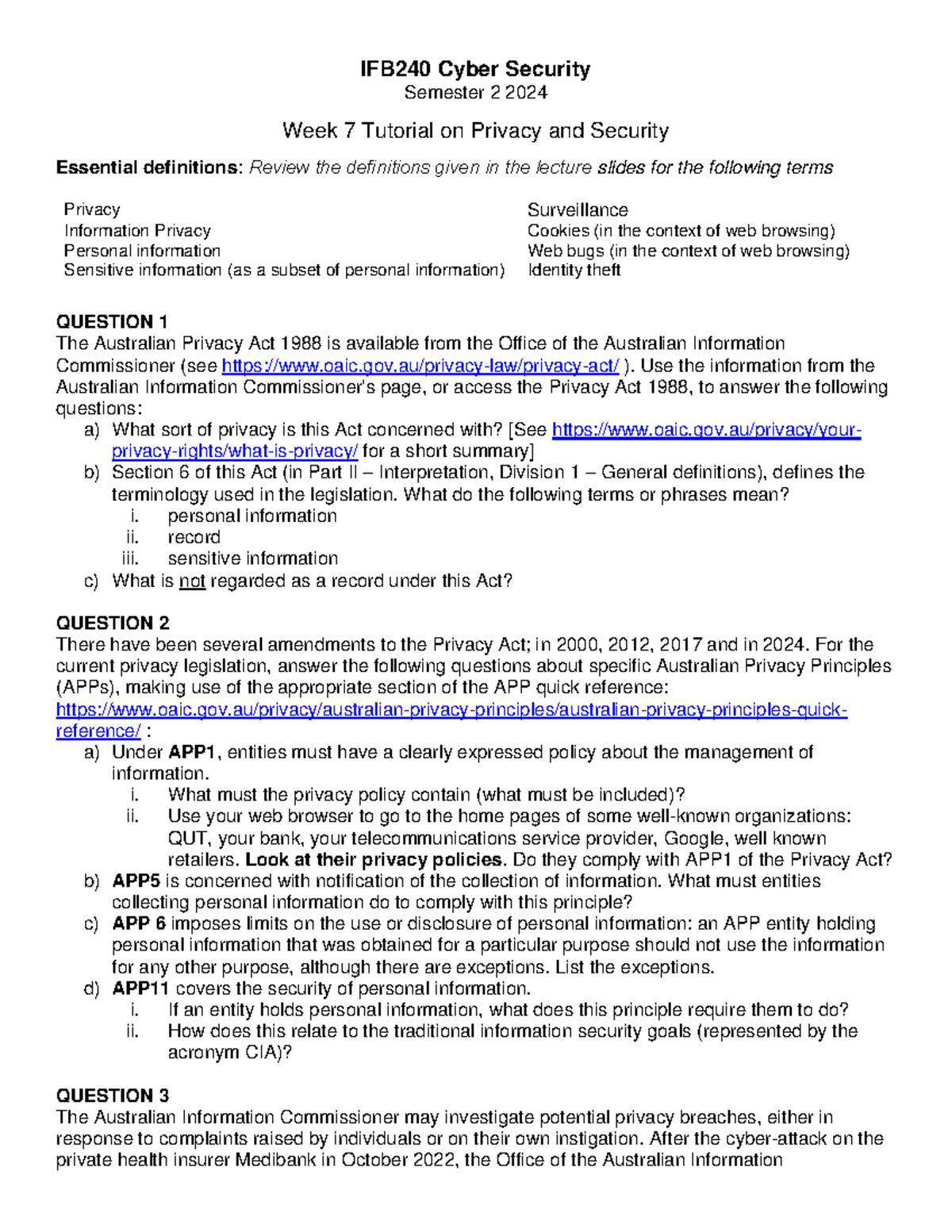 IFB240 Cyber Security Week 7 Tutorial: Privacy & Security Essentials ...