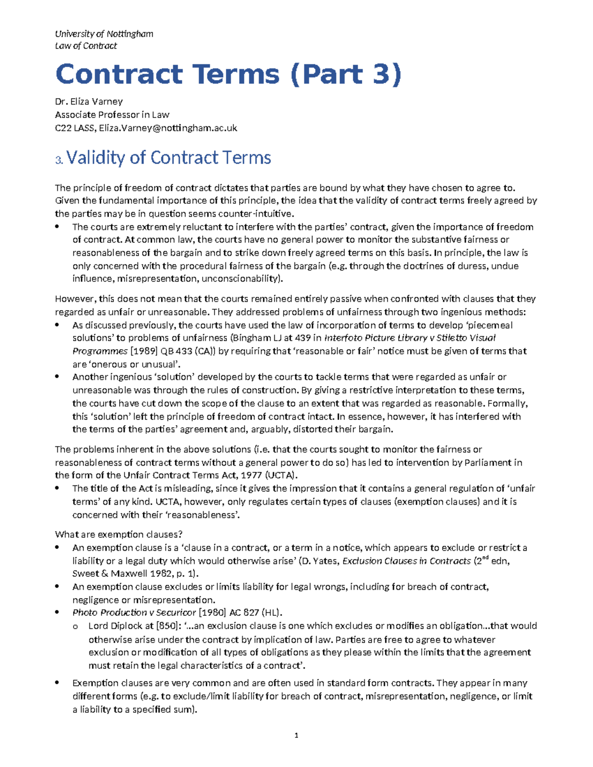 University of Nottingham Law of Contract: Validity of Contract Terms ...