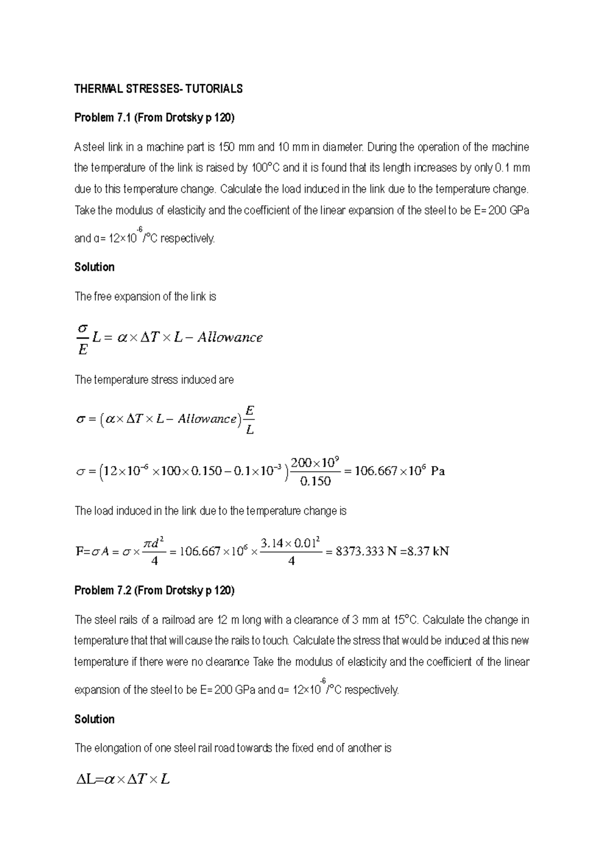 Engineering Mathematics 2: Thermal Stresses Tutorial Problems - Studocu