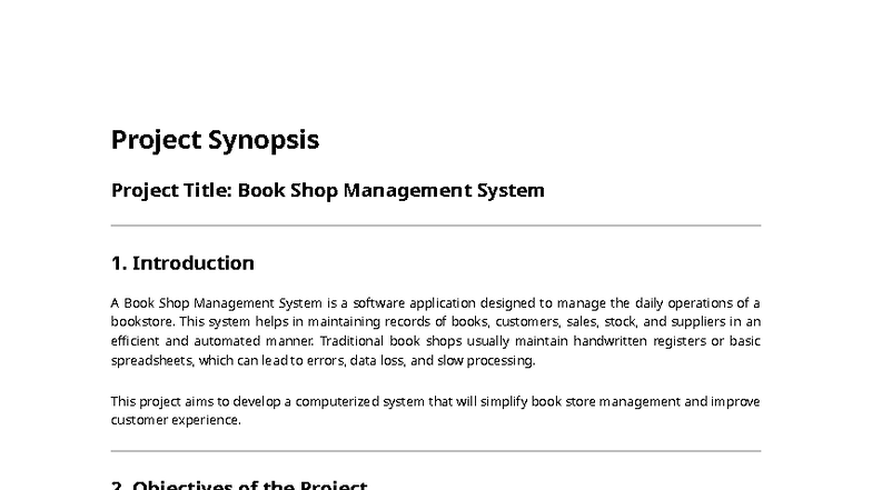 Book Shop Management System Project Synopsis - Studocu