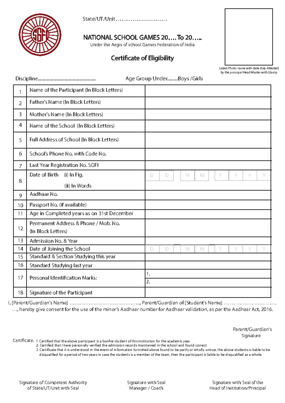 Eligibility Form for National School Games - SGFI - Studocu