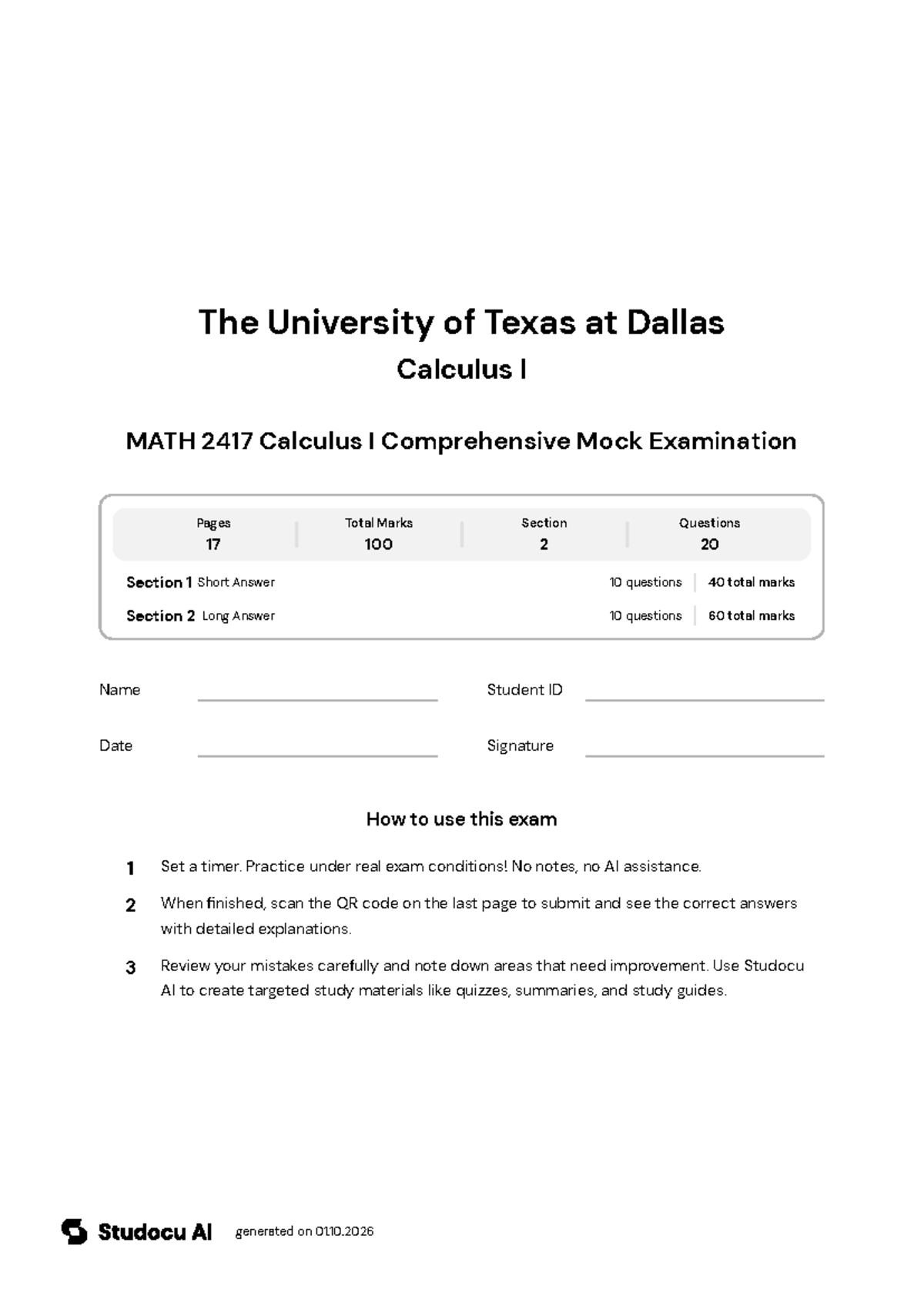 MATH 2417 Calculus I Comprehensive Mock Exam - Studocu