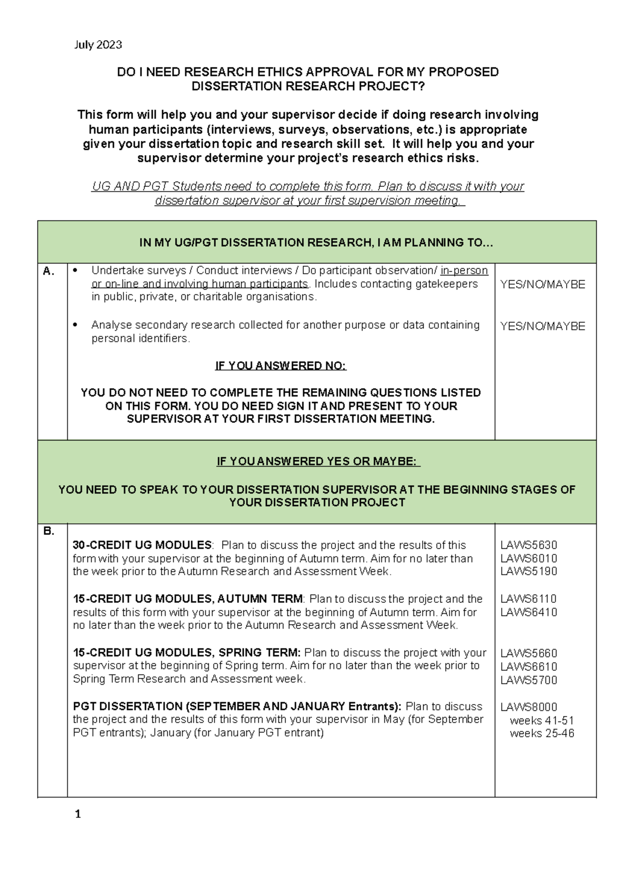 LAWS5630/6010/5190: Research Ethics Approval Checklist for ...