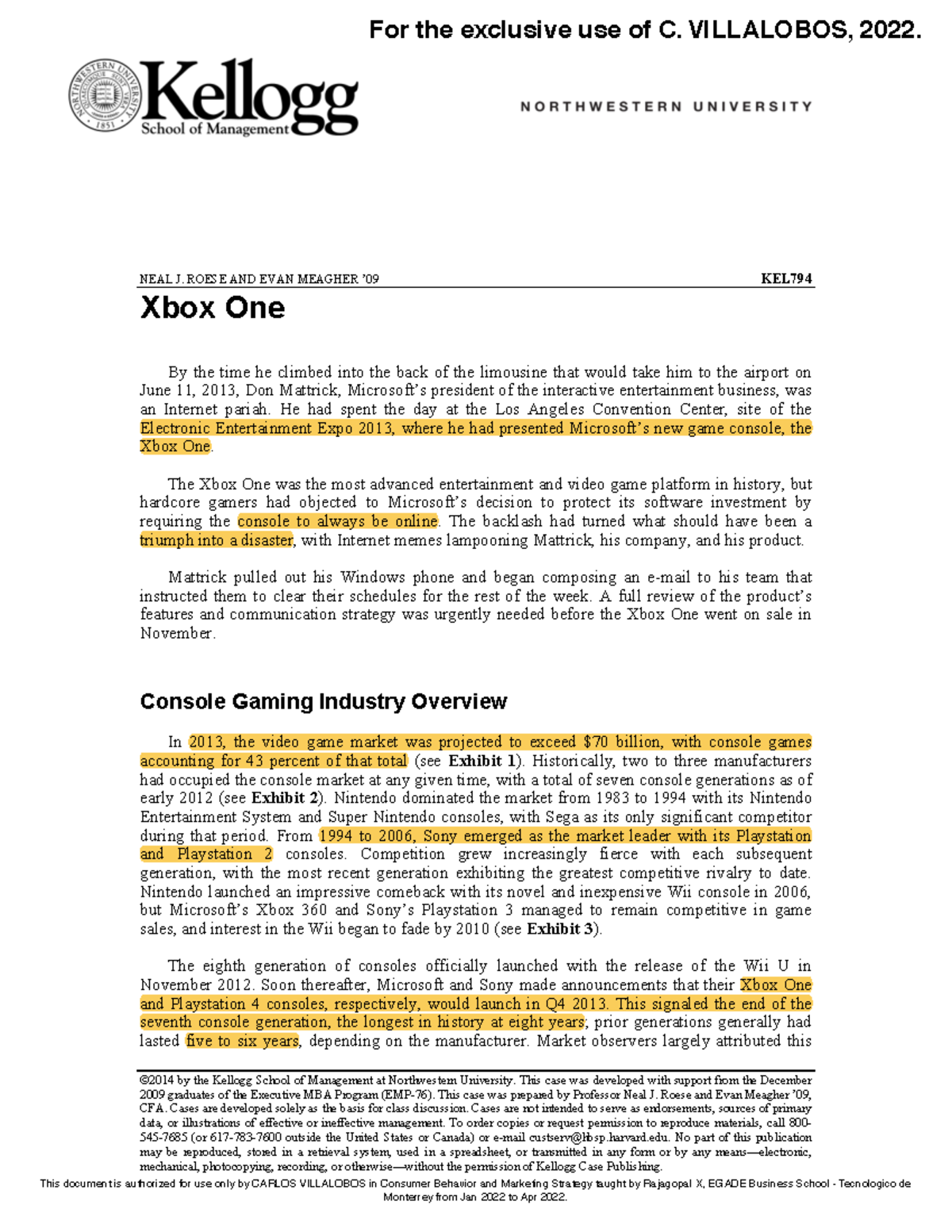 XBox One Case for Consumer Behavior Egade - ©2014 by the Kellogg School ...