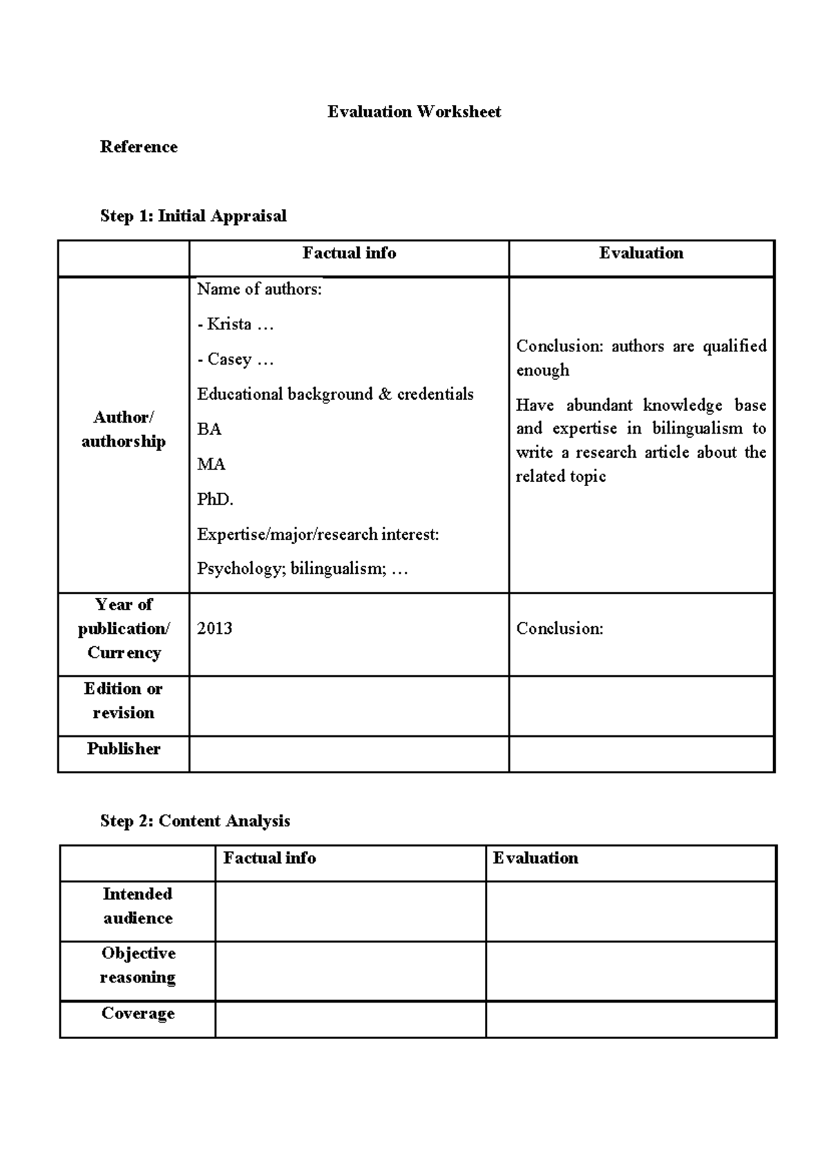 Evaluation Worksheet - a template for eveluating - Evaluation Worksheet ...