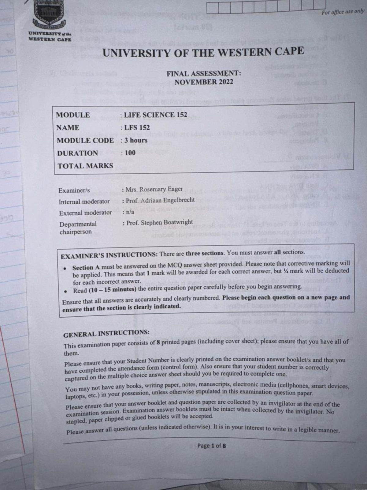 Final Exam LFS 152: Life Science 152 November 2022 Past Paper - Studocu