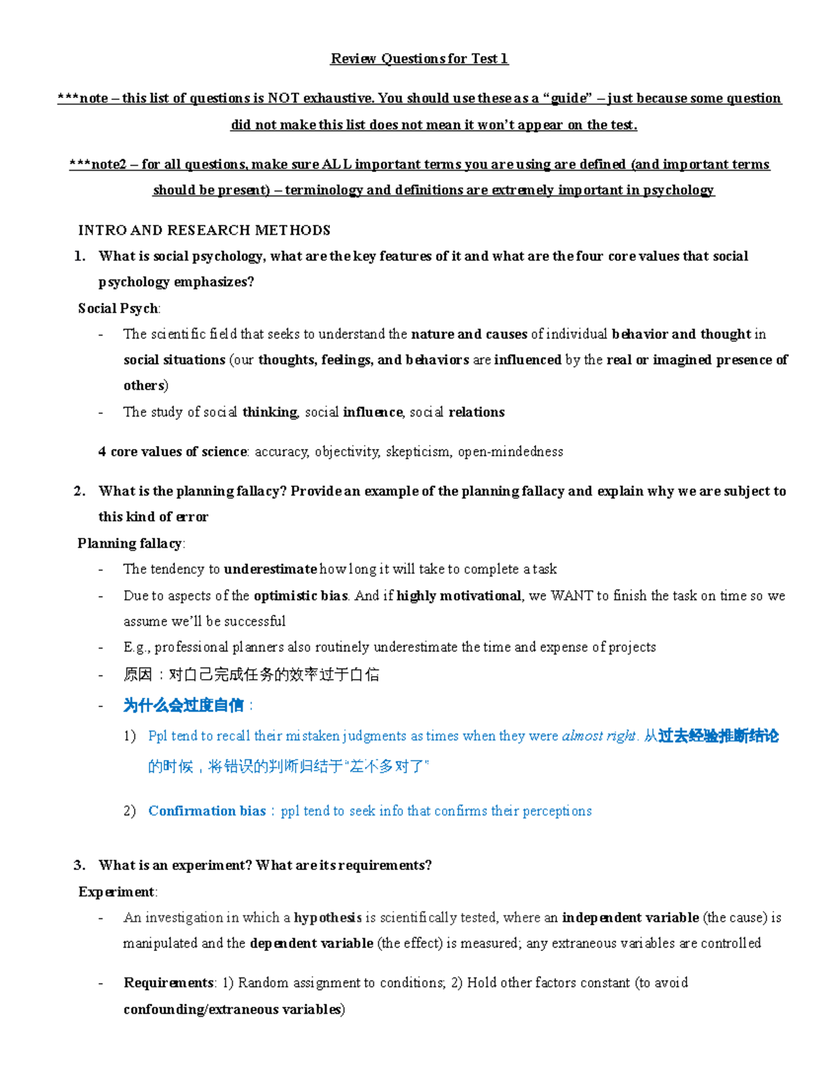 Test 1 review questions and answers - Review Questions for Test 1 ...