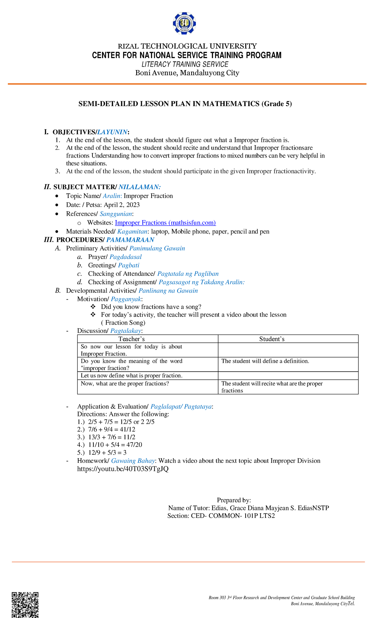 Lesson PLAN 2 - RIZAL TECHNOLOGICAL UNIVERSITY CENTER FOR NATIONAL ...