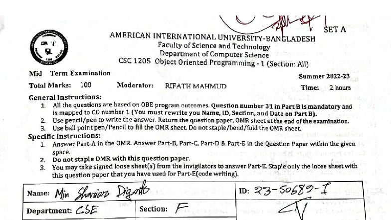 CSC 1205 Object Oriented Programming 1 Mid Term Sample Questions - Studocu