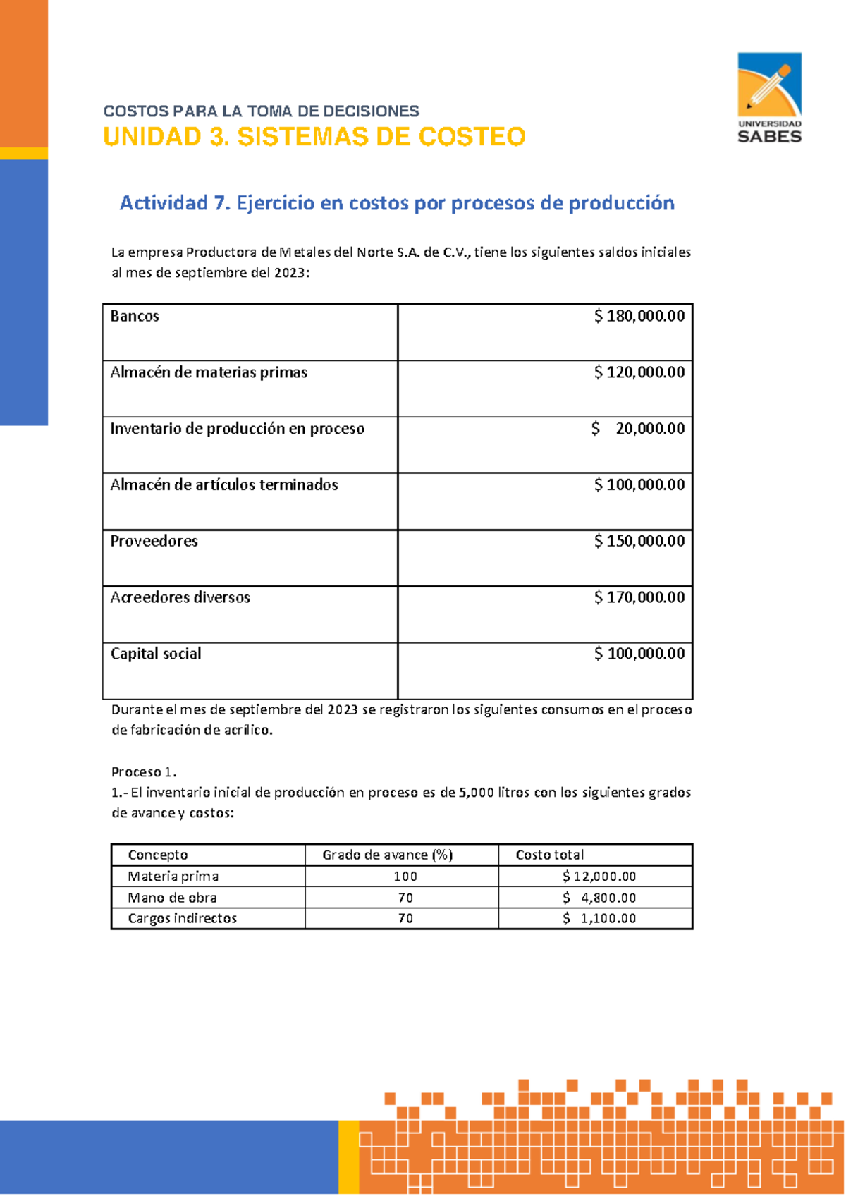 Actividad 7: Ejercicio de Costos por Procesos (Unidad 3) - Studocu