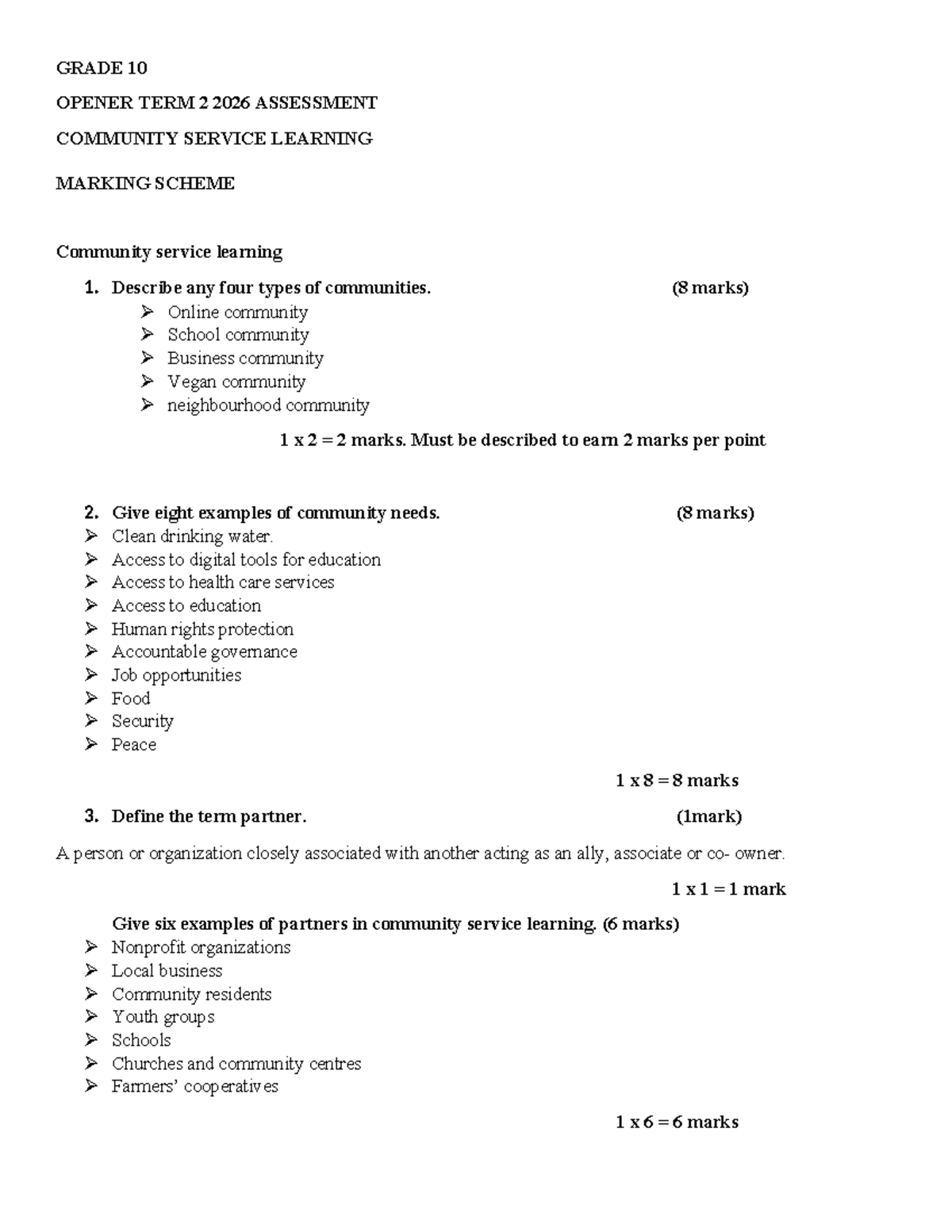 G10 CSL Term 2 2026 Assessment Marking Scheme - Studocu