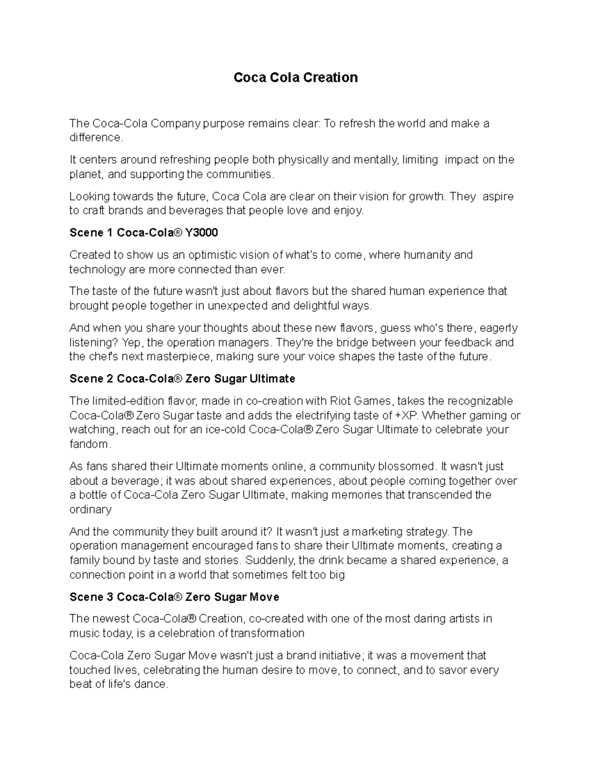 Coca-Cola Creation Insights: Limited Edition Beverages Unveiled - Studocu