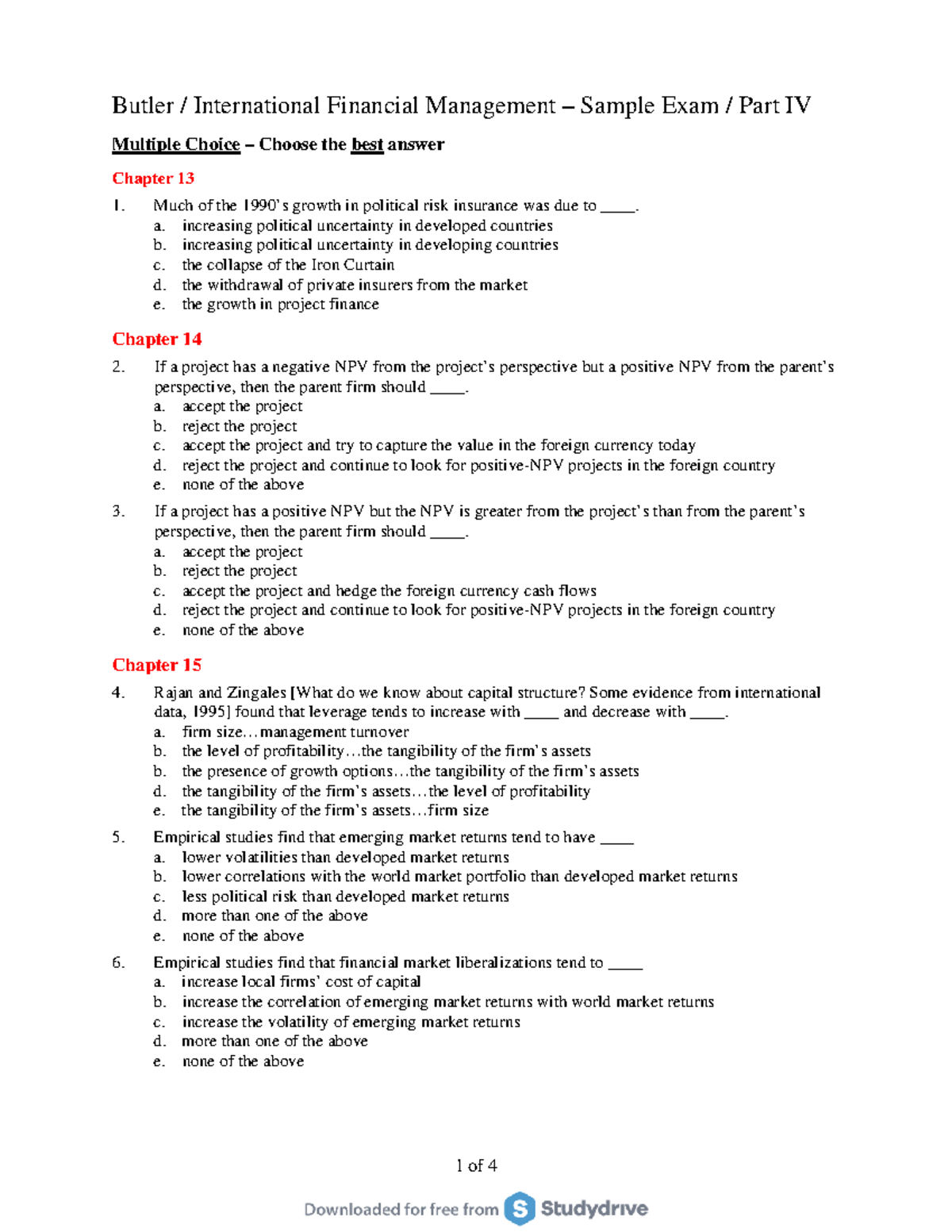 Butler INT-Fin Management: Sample Exam with MC Questions (Mar 2017 ...