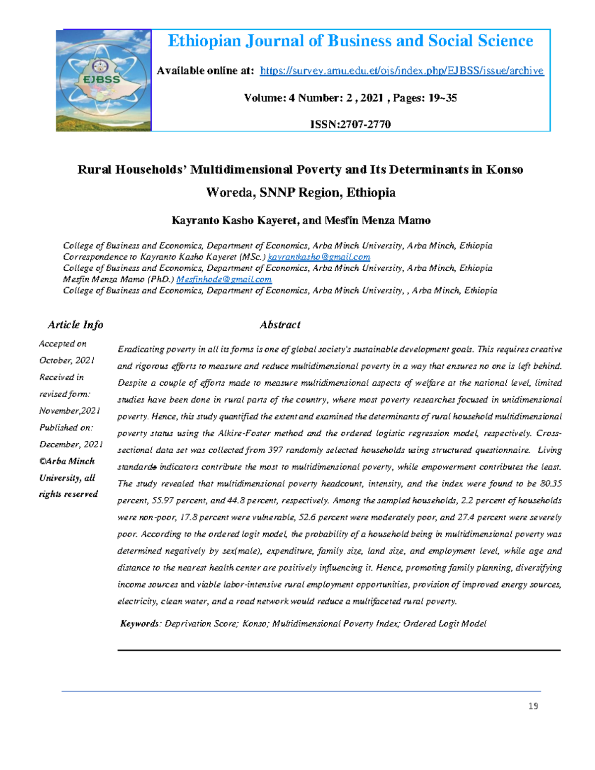 Rural Multidimensional Poverty and Determinants in Konso Woreda, SNNP ...