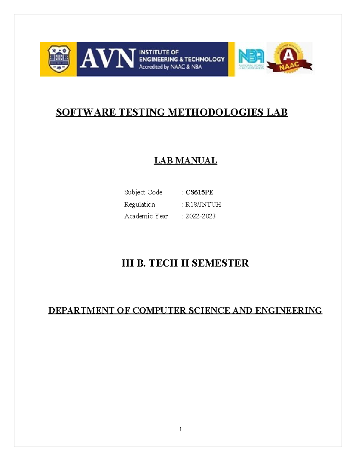 CS615PE Software Testing Methodologies Lab Manual: Experiments ...