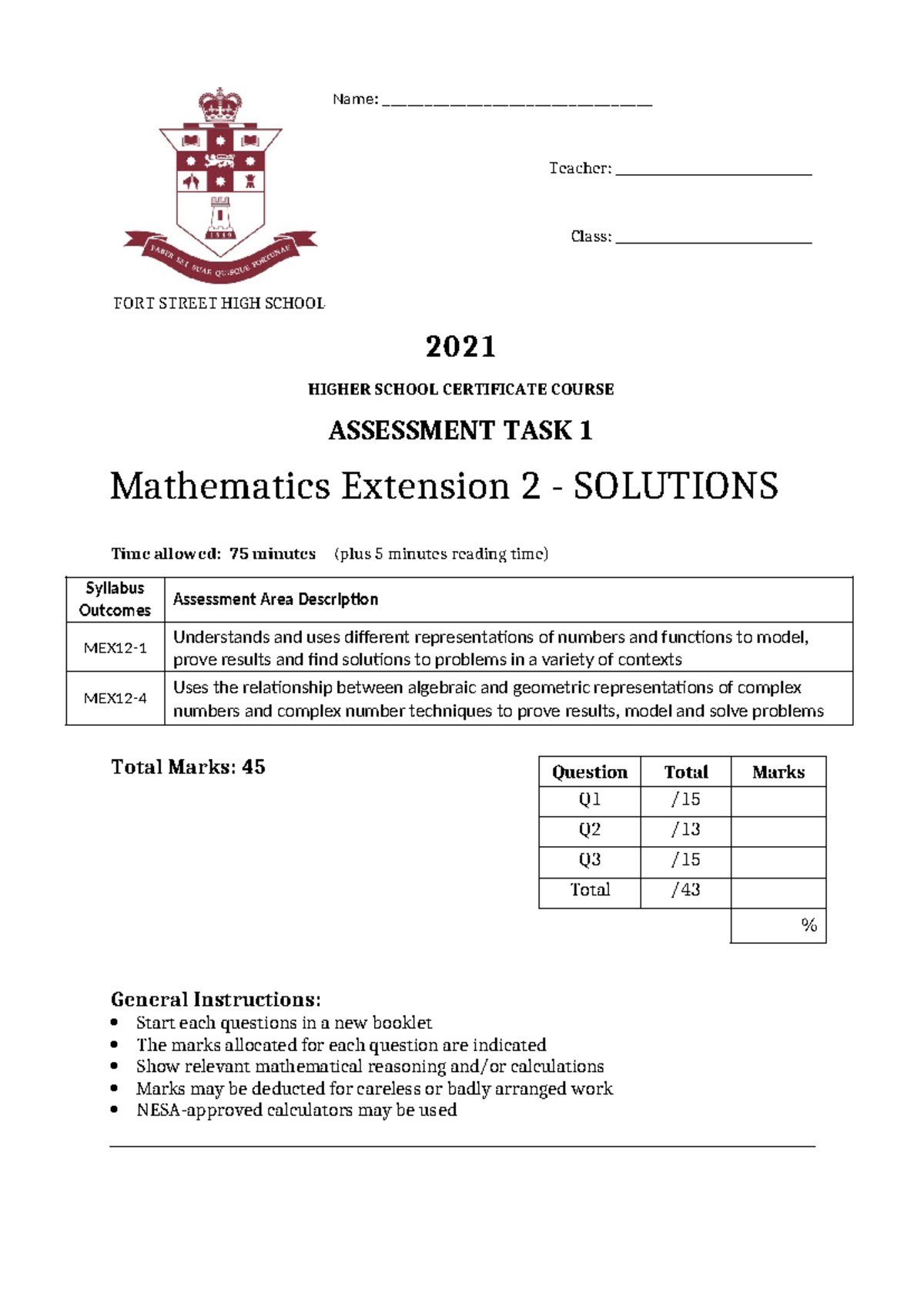Year 12 Mathematics Ext 2 Task 1 2021 - Complete Solutions Provided ...