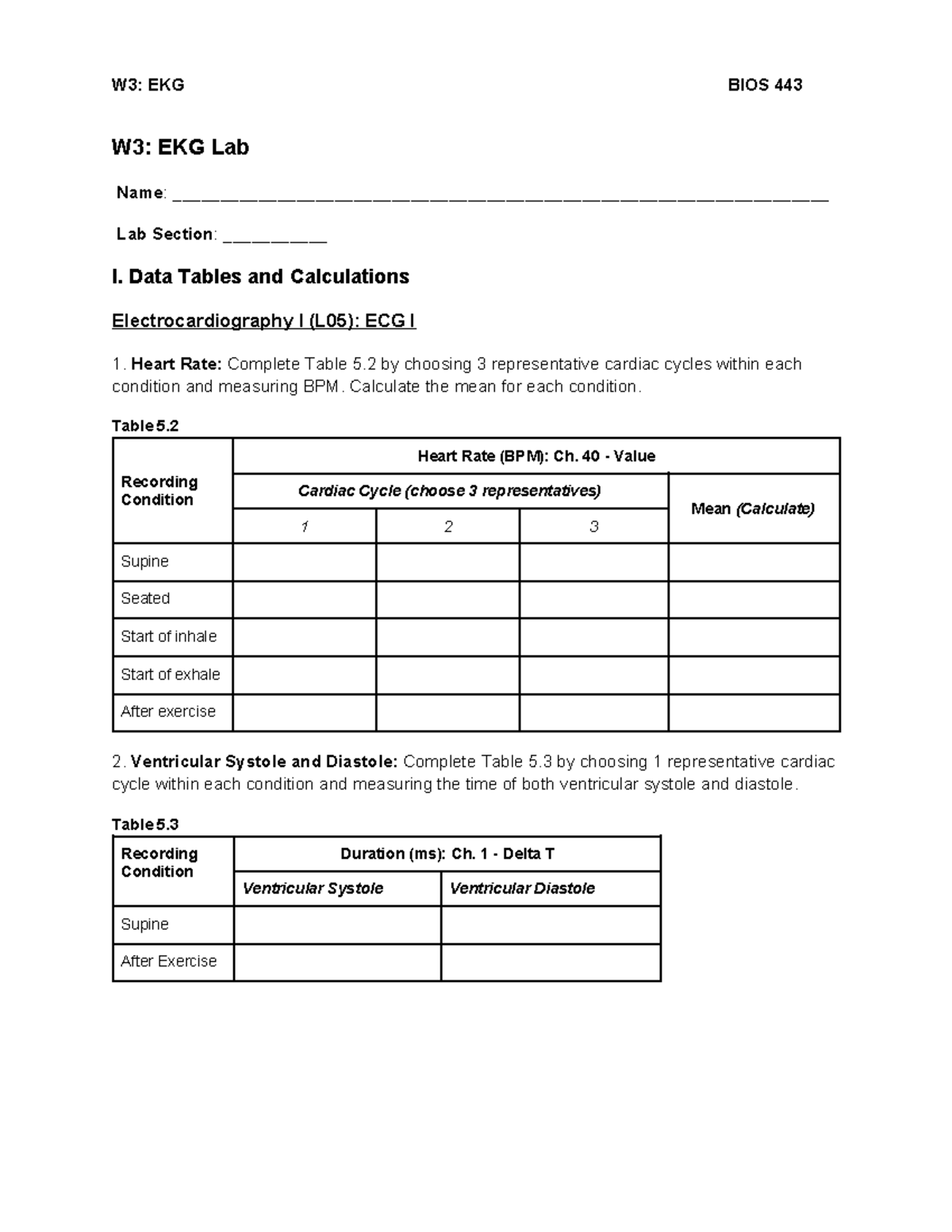EKG Lab Worksheet: ECG Data Analysis and Calculations (L05) - Studocu