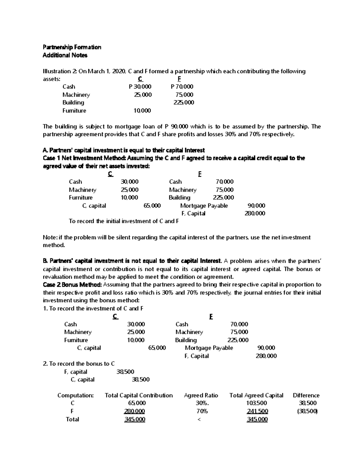 Addtl Notes on Partnership Formation: Capital Investment Methods - Studocu