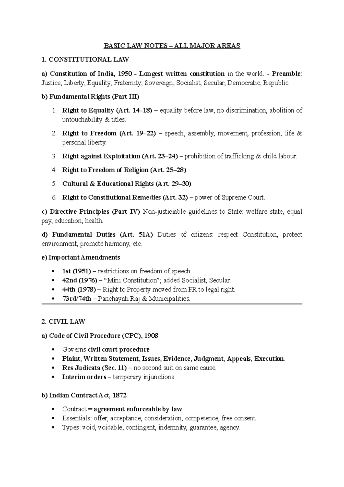 BASIC LAW NOTES: CONSTITUTIONAL, CIVIL, CRIMINAL & LABOUR LAWS - Studocu