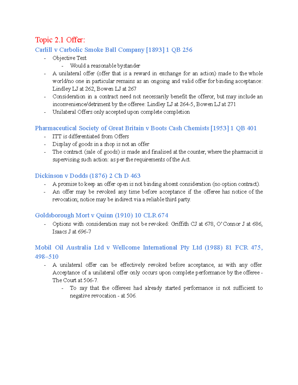 Contracts Notes: Key Cases and Principles (LAW 101) - Studocu
