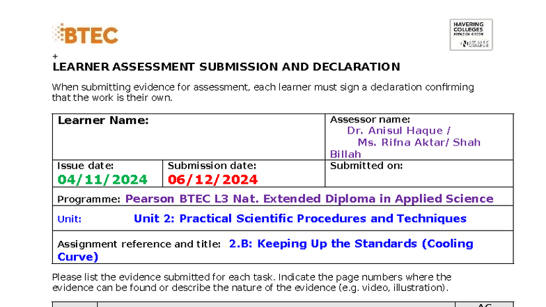 BTEC L3 Nat. Extended Diploma in Applied Science: Unit 2 2.B Assignment ...