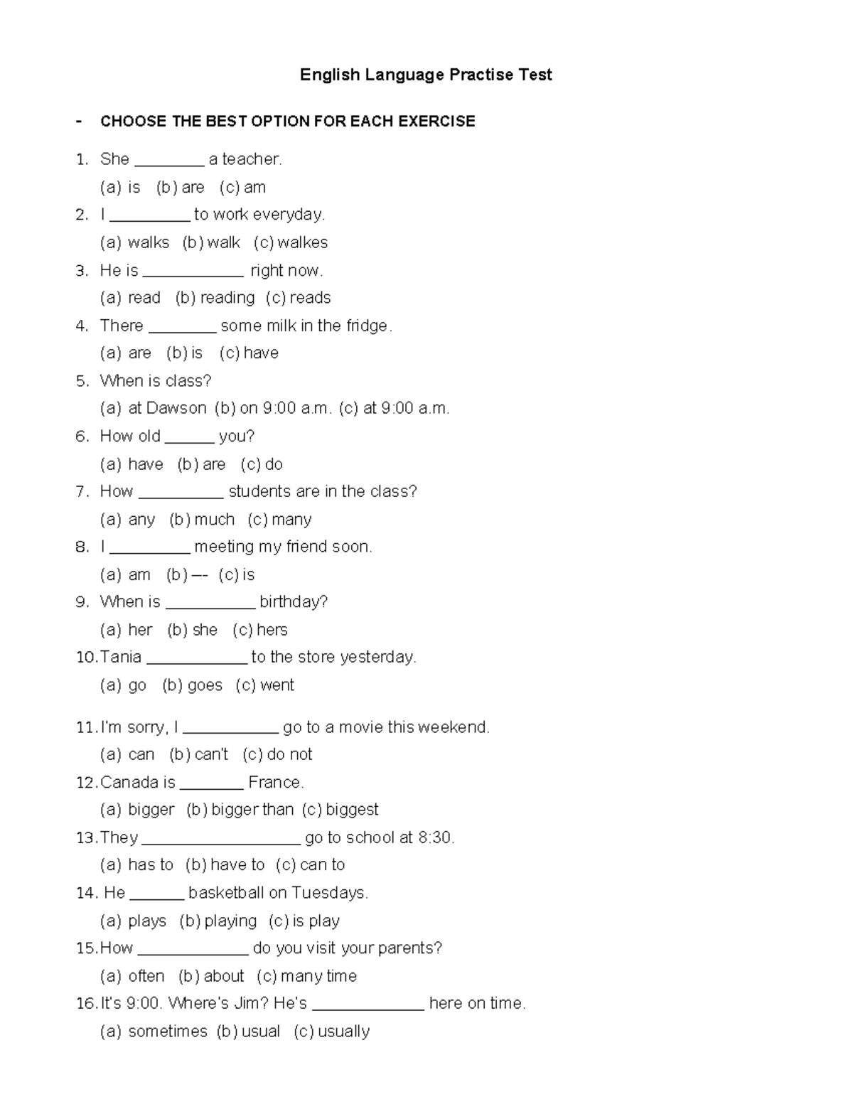 English Language Practice Test: Choose the Best Option for Each ...