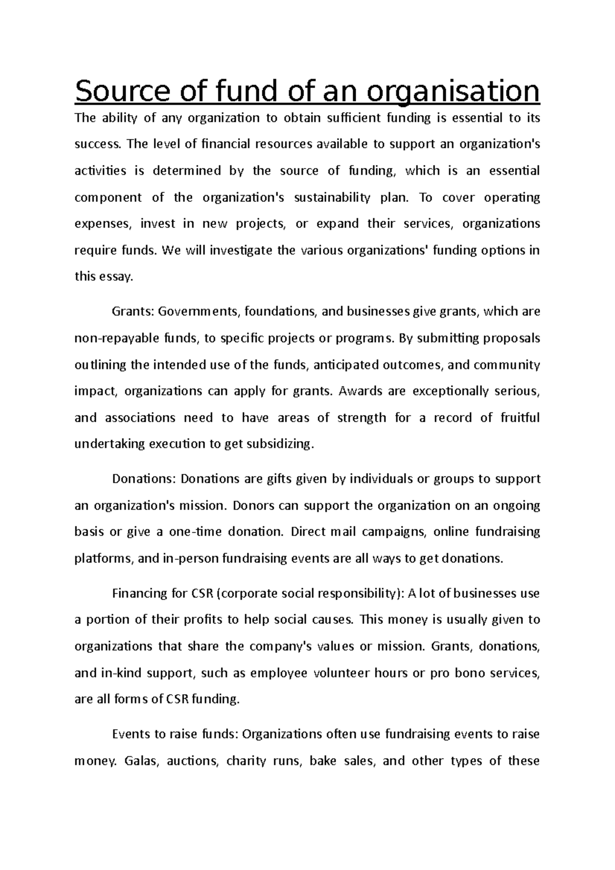 Sources of Funding for Organizations: An In-Depth Analysis - Studocu