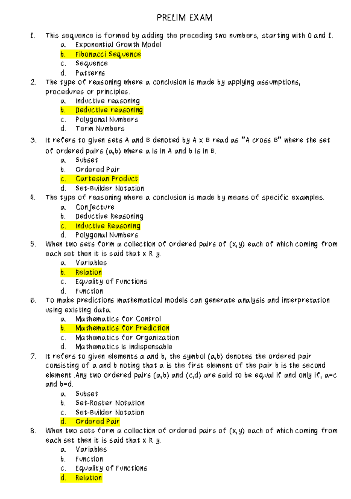 Prelim EXAM - MAT 101: Mathematics in the Modern World Guide - Studocu