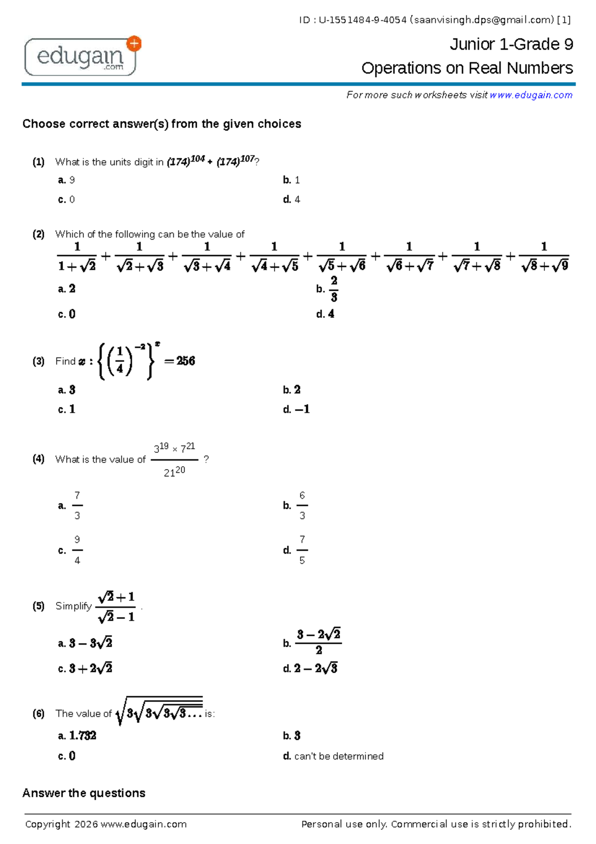 ID: Junior 9 - Operations on Real Numbers Worksheet - Studocu